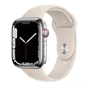Apple Watch Series 7 GPS + Cellular 41mm Silver Stainless Steel Case w. Starlight Sport Band (MKHE3)