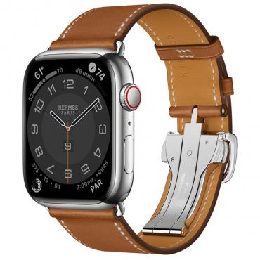Apple Watch Series 7 Hermes LTE 45mm Sil. S.Steel Case w. Fauve S.Leather S.Tour Dep.Buckle (MKMG3+MKGE3) - ТвойGadget